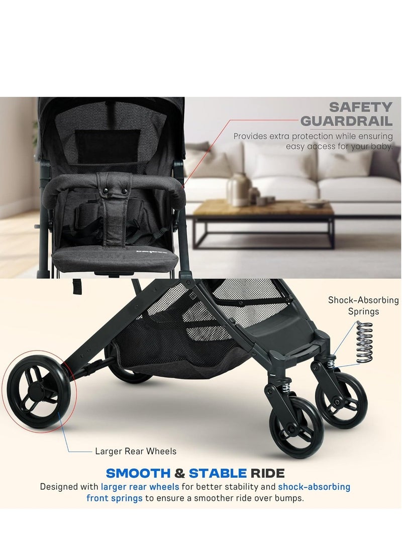 MIXDE Foldable Cabin Baby Stroller Pram for Baby with 3-Position Adjustable Seat, Metal Frame  Canopy, Bassinet, Parent Handle, 5 Point Safety Belt, Stroller for Kids Toddler 0 to 3 Years Boy Girl Black - Image 4